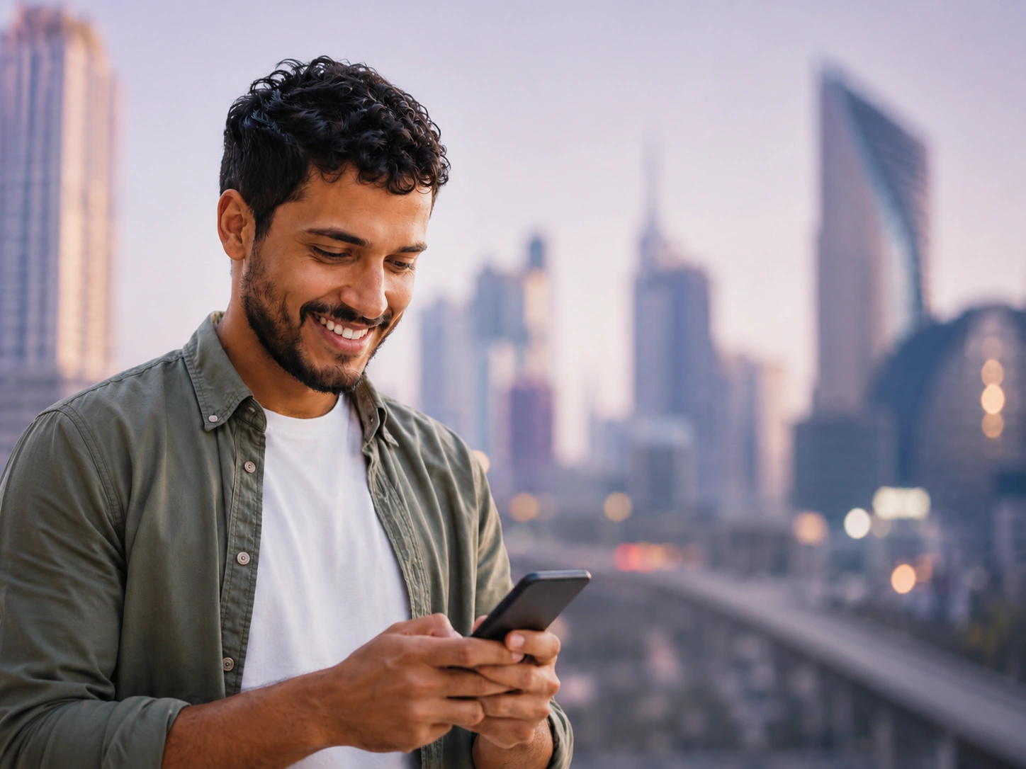 Contractor checking a payment on their phone in the city